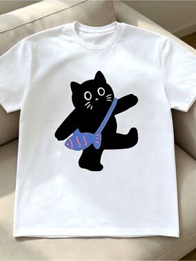 cat t-shirt with blue bow white Women Men T-shirt Unisex